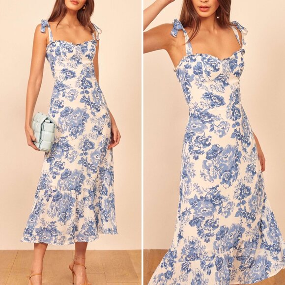 Blue Toile Floral Ruffle Midi Dress by Manu Reformation Nikita Olympia Size 4/S - Picture 3 of 16